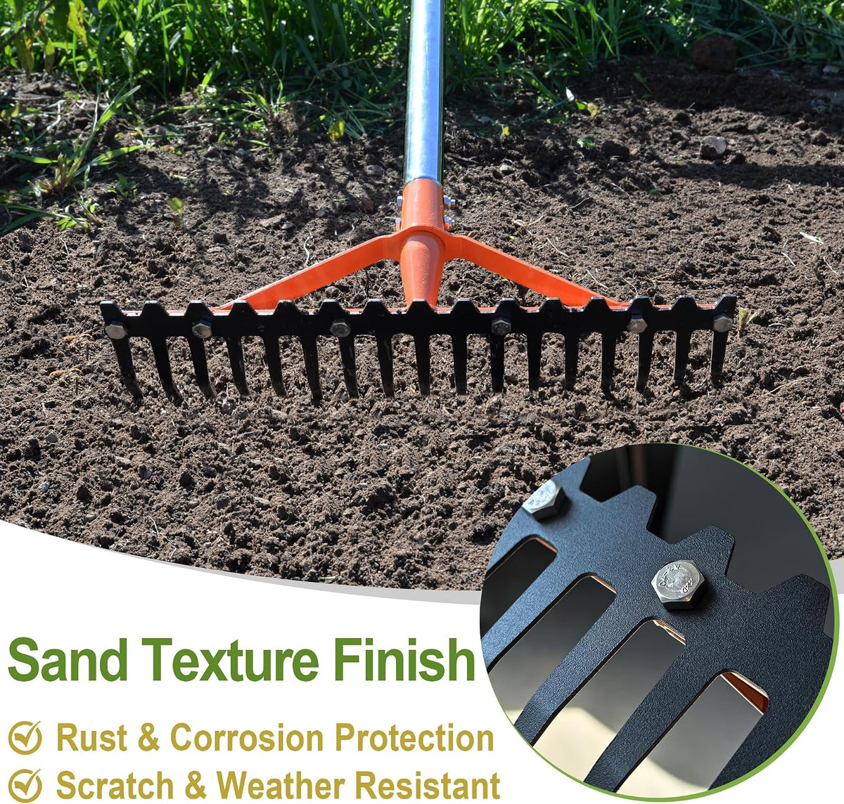 62 Inch Garden Rake with 17 Tempered Spring Steel Tines
