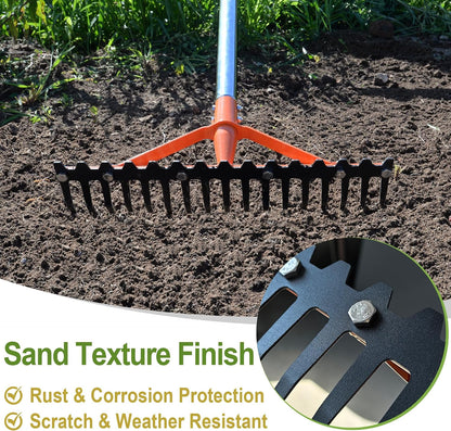 62 Inch Garden Rake with 17 Tempered Spring Steel Tines