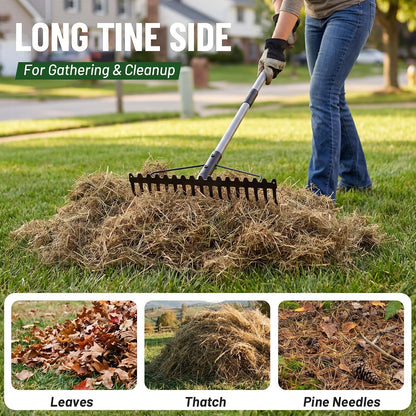 Walensee Heavy Duty Dual-Sided Bow Rake, 63" Stainless Steel Handle, Heat-Treated Manganese Steel Head, 17 Steel Tines Metal Garden Rake for Soil Loosening, Yard Leveling, Lawn Care and Thatch Removal
