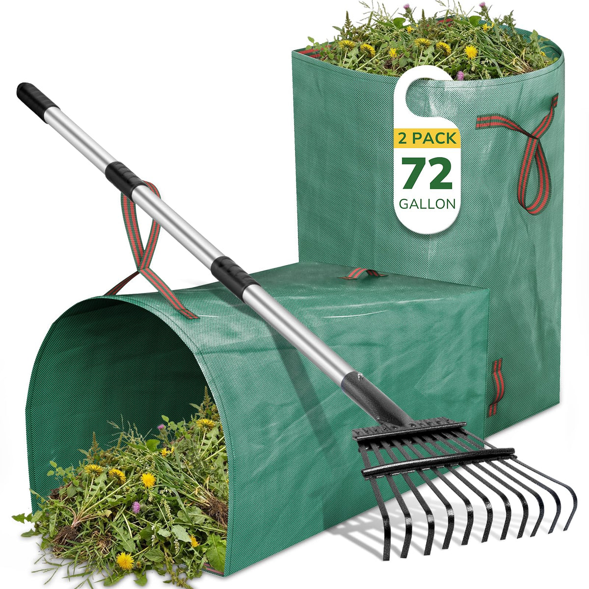 Rake for Leaves Heavy Duty 72 Inch Long Expandable Leaf Rake, 18 Inch Wide Garden Rakes with 25 Reinforced Tines and Stainless Steel Handle for Lawn, Yard, Leaf Cleanup