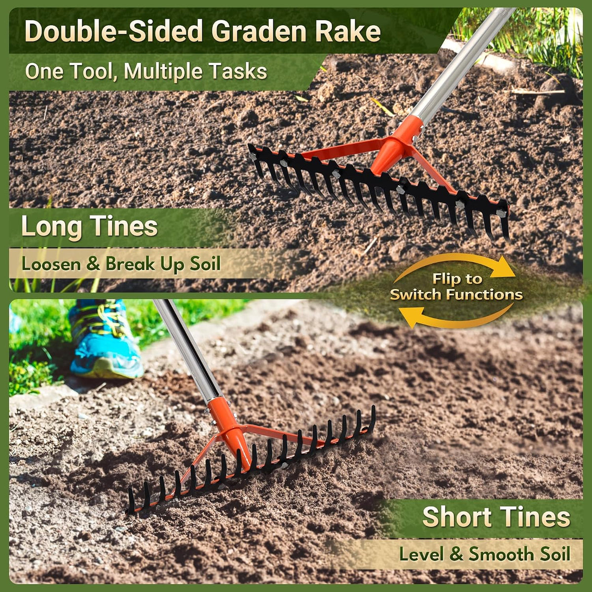 62 Inch Garden Rake with 17 Tempered Spring Steel Tines