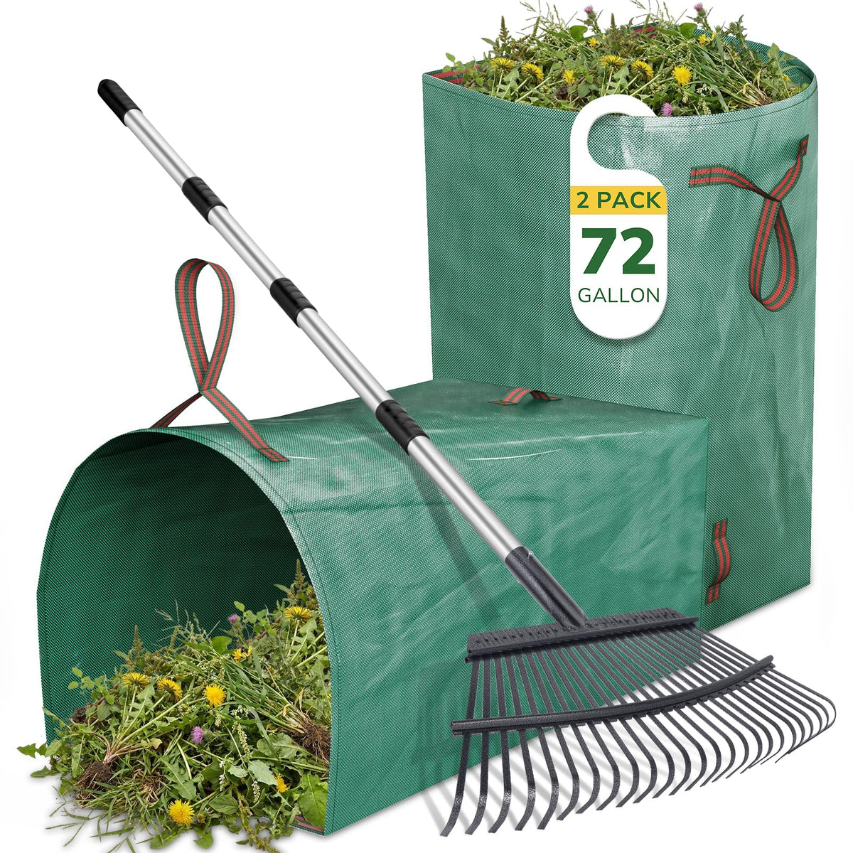 Rake for Leaves Heavy Duty 72 Inch Long Expandable Leaf Rake, 18 Inch Wide Garden Rakes with 25 Reinforced Tines and Stainless Steel Handle for Lawn, Yard, Leaf Cleanup