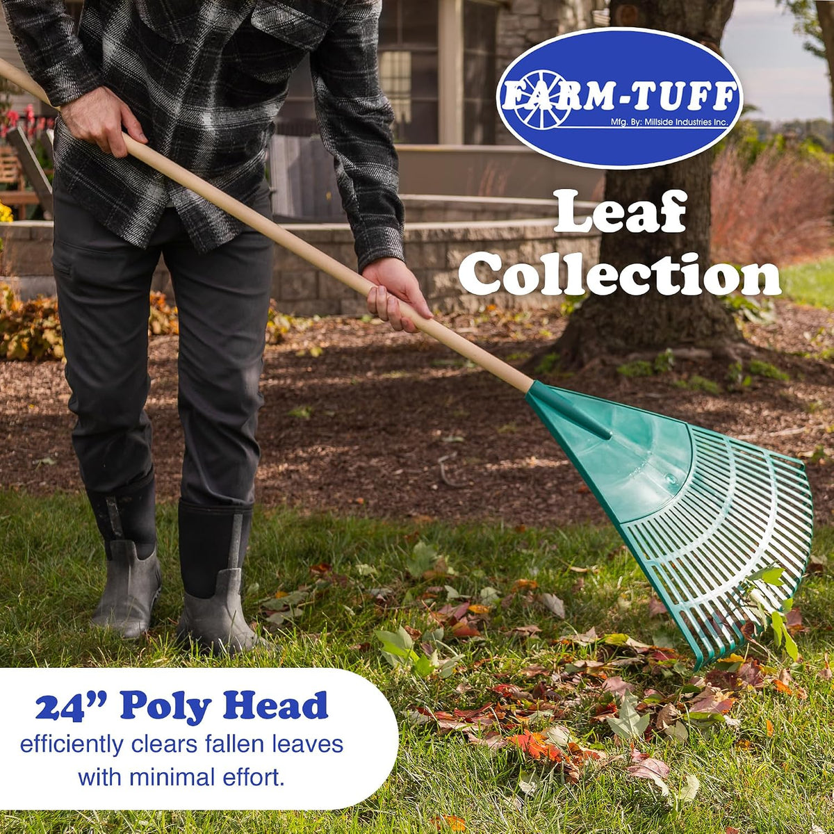 FARM-TUFF 24 Inch Leaf & Lawn Rake with 48 Inch Hardwood Handle - Extra-Wide, Durable Rake for Lawns, Gardens, and Yard Cleanup