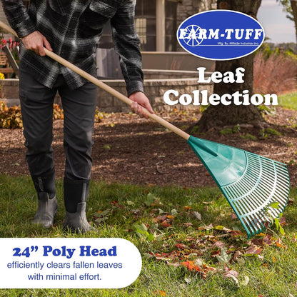 FARM-TUFF 24 Inch Leaf & Lawn Rake with 48 Inch Hardwood Handle - Extra-Wide, Durable Rake for Lawns, Gardens, and Yard Cleanup