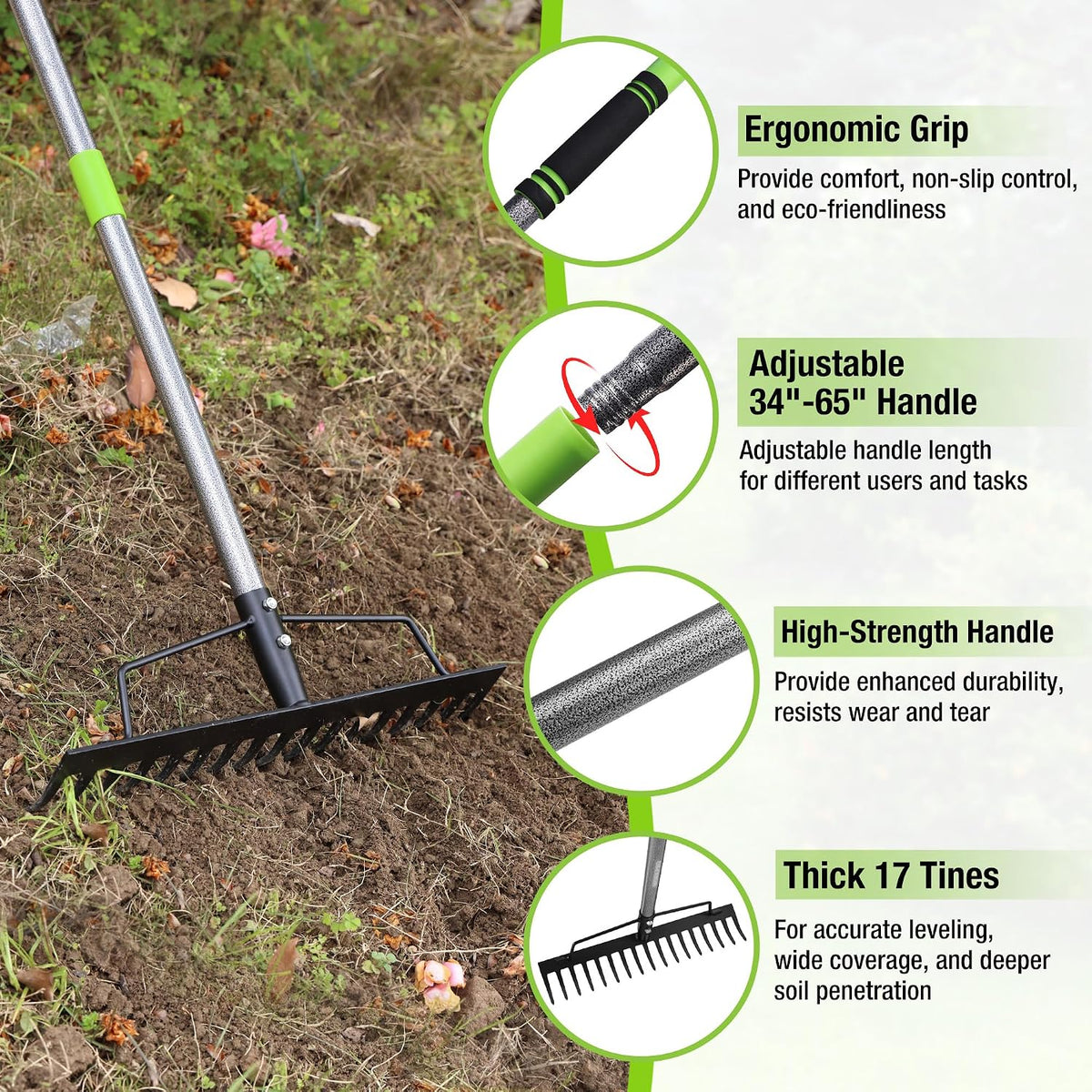 WORKPRO 65 Inch Bow Rake, 17-Tine Metal Head Rake with Adjustable Handle