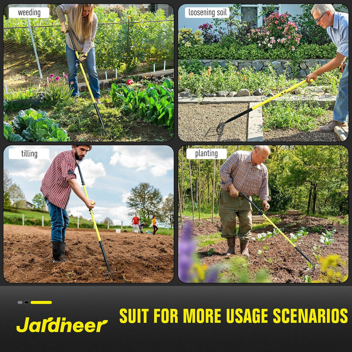 Jardineer 4-Tine Cultivator Rake with Auxiliary Handle, Garden Cultivator Long Handle, Hand Tiller Tool for Gardening Digging Loosening Weeding