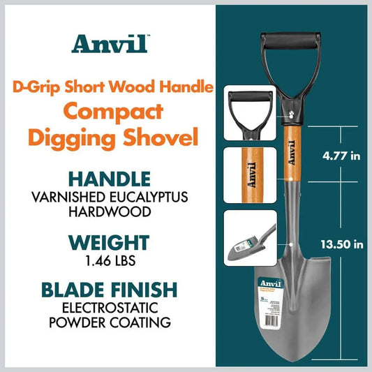 18 in. Carbon Steel Compact Design Digging Shovel with D-Grip Short Handle, Heavy-Duty Garden Spade Tool, Manufacturer Warranty, 18 Inches