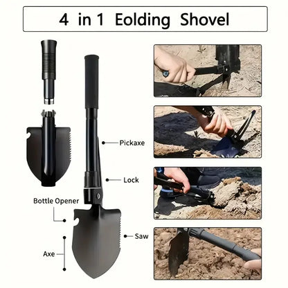 Durable Metal Folding Shovel - Steel Multi-Functional Tool with Foldable Head, Portable Grip, Compact Space-Saving Lightweight Design for Outdoor Hiking, Gardening, Emergency Vehicle Reversing Needs