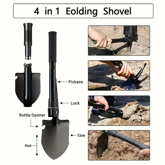 Durable Metal Folding Shovel - Steel Multi-Functional Tool with Foldable Head, Portable Grip, Compact Space-Saving Lightweight Design for Outdoor Hiking, Gardening, Emergency Vehicle Reversing Needs