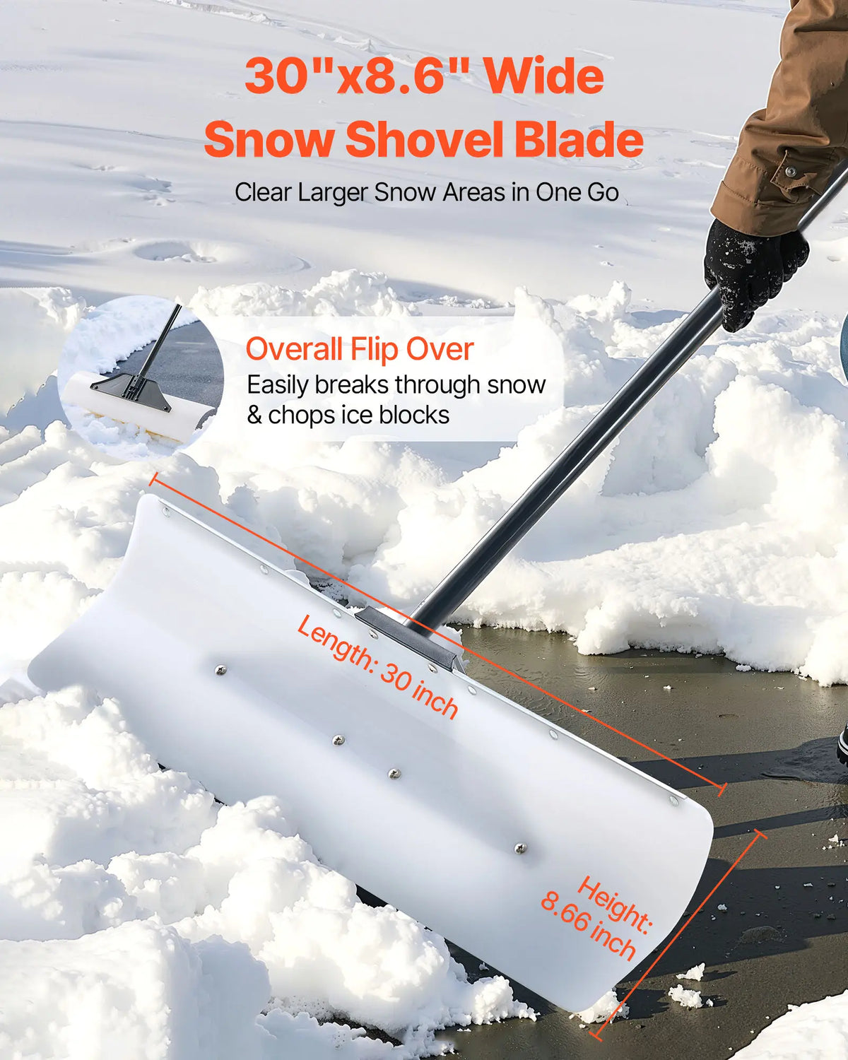 VEVOR 30-in Snow Pusher Shovel, HDPE Plastic Blade with Metal Edged Strip, Ergonomic Grip Segmented Handle, Boosts Efficiency Easy to Store, Protects Against Bending & Twisting, Reversible Blade Versatile Use for Driveway Garden,sohochic