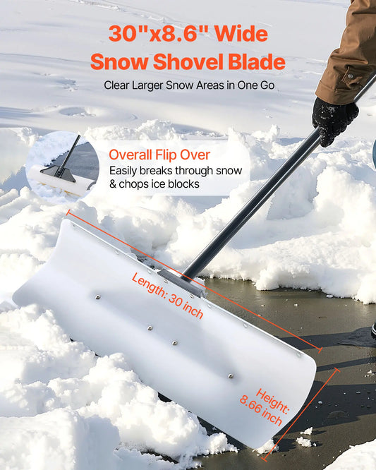 VEVOR 30-in Snow Pusher Shovel, HDPE Plastic Blade with Metal Edged Strip, Ergonomic Grip Segmented Handle, Boosts Efficiency Easy to Store, Protects Against Bending & Twisting, Reversible Blade Versatile Use for Driveway Garden,sohochic
