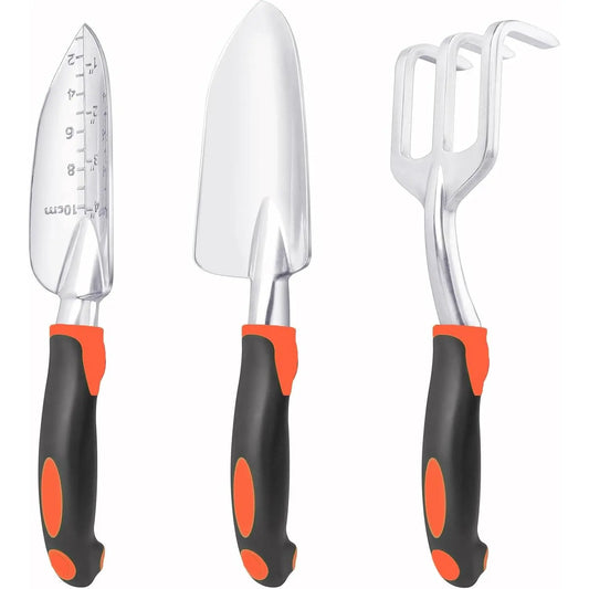 Garden Tools Set, 3 Pack Heavy Duty Gardening Tools Set Include Garden Shovel, Transplant Trowel and Hand Rake with  Handle,  Alloy Lawn for Planting, Orange